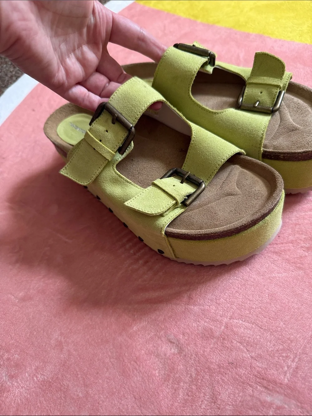 INTENTIONALLY BLANK Lime Green Double-Buckle Platform Slides